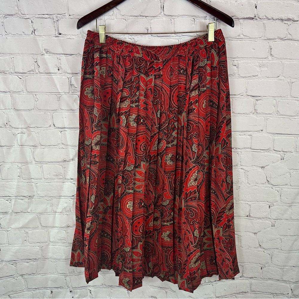 Alfred Dunner deep Red Paisley pleated A-Line Skirt womens 16 granny festival